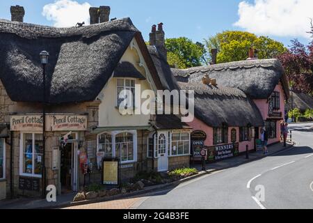 Inghilterra, Isola di Wight, Shanklin Old Village, il teashop Old Thatch e Pencil Cottage Tea Garden, negozi di tetto in paglia Foto Stock