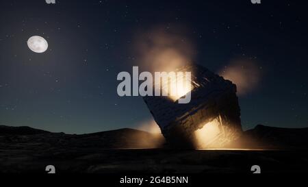 Alien Metal CUBE Science Futuristic Landscape tecnologia digitale rete di edifici innovazione rendering 3d Foto Stock