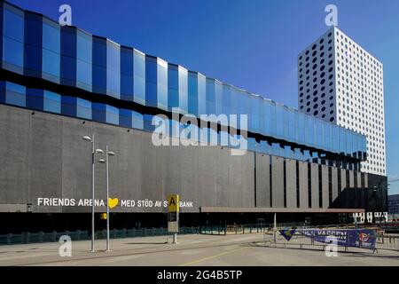 Friends Arena and Quality Hotel Friends by Westfield Mall of Scandinavia. Solna, Stoccolma, Svezia. Foto Stock