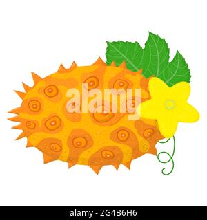 Frutto fresco intero giallo kiwano con foglie e fiori isolati su sfondo bianco. Frutti estivi per uno stile di vita sano. Frutta biologica. Stile cartone animato. Illustrazione Vettoriale