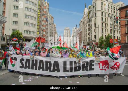 La manifestazione per la libertà del popolo saharawi, ha lasciato Plaza de España alle 12 del mattino per terminare alla Puerta del Sol, dove è stato compiuto un atto. Questa marcia è iniziata a Cádiz il 15 aprile e ha viaggiato attraverso diverse regioni della geografia spagnola. Il "March for Freedom" è nato dalla logica di un'azione diretta non violenta volta a rivendicare e a dare visibilità alla lotta del popolo saharawi e, in questo modo, a sensibilizzare i diversi gruppi politici e, soprattutto, i cittadini, sulla situazione di emergenza vissuta dalla popolazione saharawi, che h Foto Stock