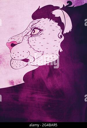 Testa di leone astratta, ritratto in stile retrò profilo texture illustrazione. Foto Stock