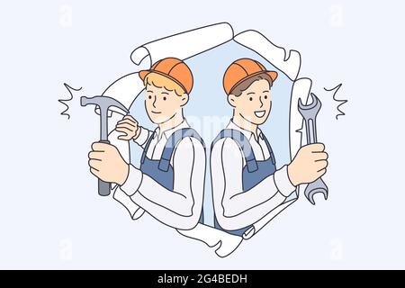 Riparatori durante lavori di costruzione concetto. Giovani uomini sorridenti lavoratori in caschi e uniforme da lavoro in piedi guardando da vecchi sfondi danneggiati che tengono i martelli in mano Illustrazione Vettoriale
