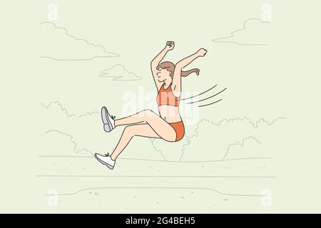 Concetto professionale di atleta a salto lungo. Positivo giovane donna che salta a lungo sportivo che prende parte alle competizioni che saltano in avanti cercando di vincere illustrazione vettoriale Illustrazione Vettoriale