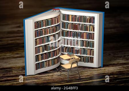 Formazione, conoscenza e apprendimento. Libri su scaffale come libro e scrivania e sedia della scuola. illustrazione 3d Foto Stock