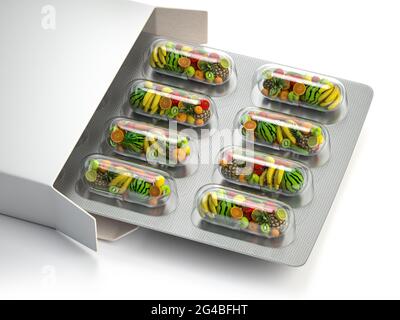 Multivitaminici e integratori alimentari naturali per una dieta sana. Frutta in pillole su confezione blister. illustrazione 3d Foto Stock