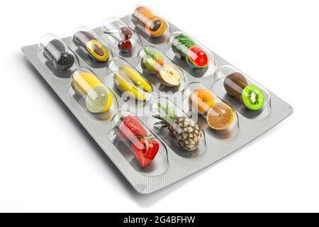 Multivitaminici e integratori alimentari naturali per una dieta sana. Frutta in pillole su confezione blister. illustrazione 3d Foto Stock