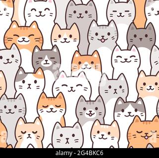 Carino cartone animato doodle gatti modello. Kawaii folla di volti di gatto. Sfondo senza giunture, illustrazione vettoriale. Illustrazione Vettoriale