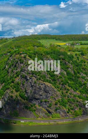 Loreley View visto dalla Loreley View Maria Ruh di fronte alla Loreley Rock, Urbar, patrimonio dell'umanità dell'UNESCO, Renania-Palatinato, Germania Foto Stock