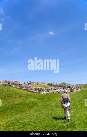 Donna che cammina verso il millecastle 42 sul muro romano costruito Hadrians National lunga distanza sentiero nel Northumberland Inghilterra Foto Stock