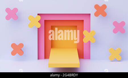 Illustrazione 3D di una piattaforma vuota e forme geometriche che la circondano Foto Stock