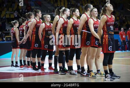 I giocatori belgi di Cats, raffigurati durante la partita tra la nazionale belga di pallacanestro femminile, i Cats belgi e la Turchia, a Strasburgo, in Francia, Foto Stock