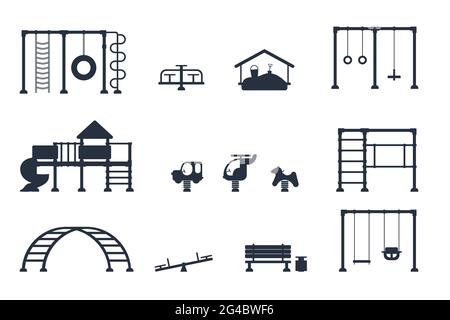 Parco giochi per bambini. Set di icone nere degli elementi dell'attrezzatura da gioco. Concetto di parco cittadino. Illustrazione vettoriale Illustrazione Vettoriale