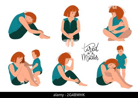 Triste madre seduta sul pavimento con il suo bambino piangente. Concetto di depressione postpartum. Illustrazione vettoriale colorata in stile cartoon piano. Illustrazione Vettoriale