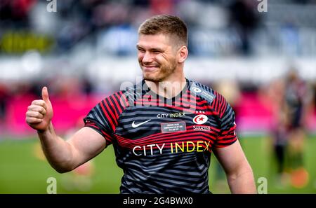 Londra, Regno Unito. 20 Giugno 2021. Owen Farrell of Saracens alla fine della loro vittoria 57-15 nel Greene King IPA Championship Play Off Final leg 2 match tra Saracens e Ealing Trailfinders allo StoneX Stadium di Londra, Inghilterra, il 20 giugno 2021. Foto di Phil Hutchinson. Solo per uso editoriale, è richiesta una licenza per uso commerciale. Nessun utilizzo nelle scommesse, nei giochi o nelle pubblicazioni di un singolo club/campionato/giocatore. Credit: UK Sports Pics Ltd/Alamy Live News Foto Stock