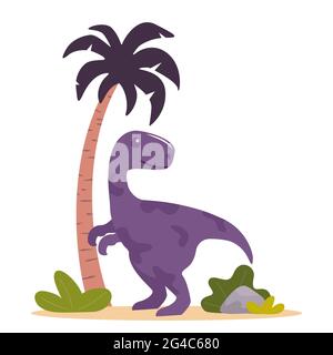 Dinosauro carino, palma e piante. Fauna selvatica periodo giurasico preistorico. Illustrazione vettoriale in stile piatto Illustrazione Vettoriale