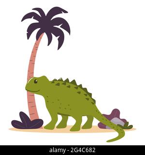 Dinosauro carino, palma e piante. Fauna selvatica periodo giurasico preistorico. Illustrazione vettoriale in stile piatto Illustrazione Vettoriale