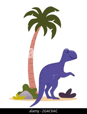Dinosauro carino, palma e piante. Fauna selvatica periodo giurasico preistorico. Illustrazione vettoriale in stile piatto Illustrazione Vettoriale