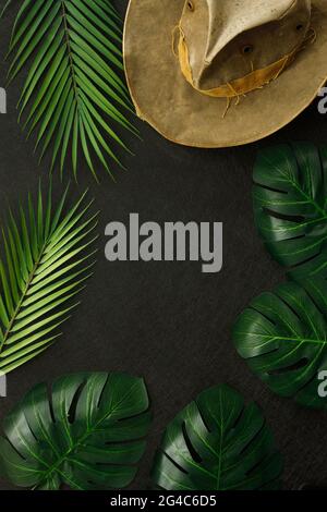 Foglie tropicali, cappello da cowboy, layout minimo, concetto di spedizione nella giungla, sfondo nero vuoto, Verticale Foto Stock