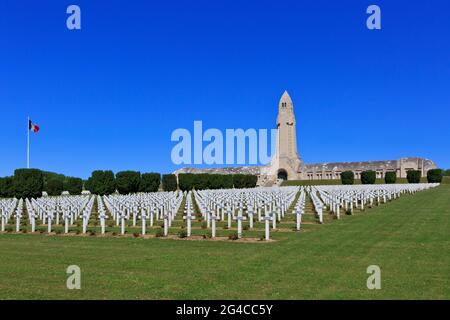 La bandiera francese che sorvola con orgoglio la necropoli nazionale Douaumont Ossuary & Fleury-devant-Douaumont della prima guerra mondiale a Douaumont-Vaux (Mosa), Francia Foto Stock