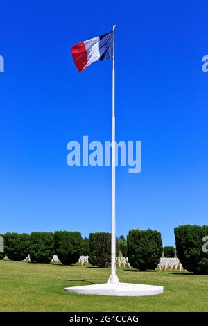 La bandiera francese che sorvola con orgoglio la prima guerra mondiale Fleury-devant-Douaumont Necropoli Nazionale a Douaumont-Vaux (Mosa), Francia Foto Stock