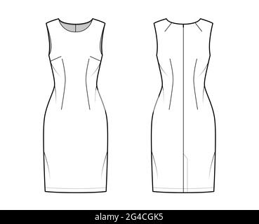 Abito guaina tecnica illustrazione moda con maniche, corpo montato, lunghezza ginocchio gonna a matita. Abbigliamento piatto, anteriore, posteriore, colore bianco. Donne Illustrazione Vettoriale