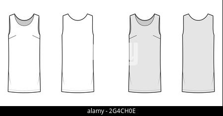 Abito chemise tecnica moda illustrazione con maniche, corpo oversize, ginocchio lunghezza gonna a matita. Abbigliamento piatto anteriore, posteriore, bianco, grigio co Illustrazione Vettoriale