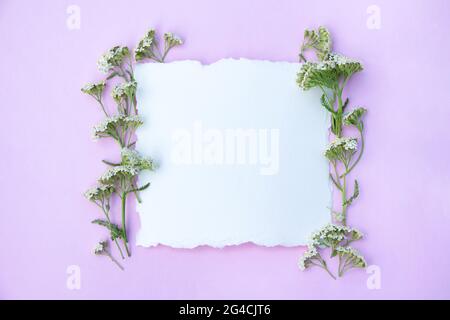 Mockup di foglio di carta bianco con fiori bianchi su sfondo color lavanda pastello Foto Stock