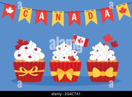 Carta con cupcakes Happy Canada Day, ghirlanda che munge bandiera foglia d'acero. Cartoon patriota canadese torte, garland mordere. Muffin Canada Day, set di dolci nazionali per le celebrazioni. Illustrazione vettoriale isolata Illustrazione Vettoriale