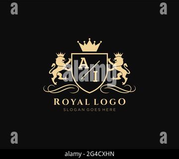 Ai Letter Lion Royal Luxury Heraldic, Crest Logo template in arte vettoriale per ristoranti, Royalty, Boutique, Cafe, Hotel, Araldica, Gioielli, Moda e. Illustrazione Vettoriale