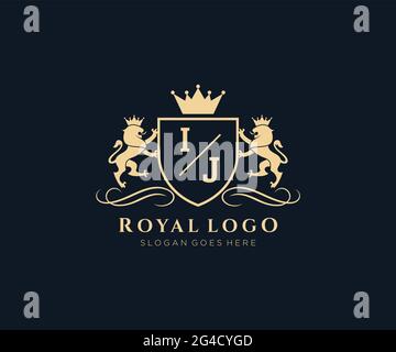 IJ Letter Lion Royal Luxury Heraldic, Crest Logo template in arte vettoriale per Ristorante, Royalty, Boutique, Cafe, Hotel, Araldica, Gioielli, Moda e. Illustrazione Vettoriale