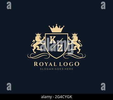 KZ Letter Lion Royal Luxury Heraldic, Crest Logo template in arte vettoriale per ristoranti, Royalty, Boutique, Cafe, Hotel, Araldica, Gioielli, Moda e. Illustrazione Vettoriale