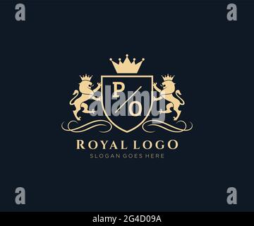 PO Letter Lion Royal Luxury Heraldic, Crest Logo template in arte vettoriale per Ristorante, Royalty, Boutique, Cafe, Hotel, Araldica, Gioielli, Moda e. Illustrazione Vettoriale