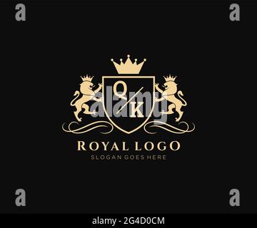 QK Letter Lion Royal Luxury Heraldic, modello con logo Crest in arte vettoriale per ristoranti, Royalty, Boutique, caffè, hotel, Araldica, Gioielli, Moda e. Illustrazione Vettoriale