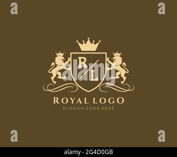 RL Letter Lion Royal Luxury Heraldic, Crest Logo template in arte vettoriale per Ristorante, Royalty, Boutique, Cafe, Hotel, Araldica, Gioielli, Moda e. Illustrazione Vettoriale