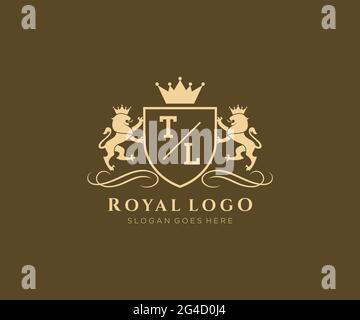 TL Letter Lion Royal Luxury Heraldic, Crest Logo template in arte vettoriale per Ristorante, Royalty, Boutique, Cafe, Hotel, Araldica, Gioielli, Moda e. Illustrazione Vettoriale