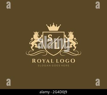 SL Letter Lion Royal Luxury Heraldic, Crest Logo template in arte vettoriale per ristoranti, Royalty, Boutique, Cafe, Hotel, Araldica, Gioielli, Moda e. Illustrazione Vettoriale