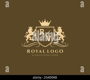 RV Letter Lion Royal Luxury Heraldic, Crest Logo template in arte vettoriale per Ristorante, Royalty, Boutique, Cafe, Hotel, Araldica, Gioielli, Moda e. Illustrazione Vettoriale