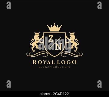 ZN Letter Lion Royal Luxury Heraldic, Crest Logo template in arte vettoriale per ristoranti, Royalty, Boutique, Cafe, Hotel, Araldica, Gioielli, Moda e. Illustrazione Vettoriale