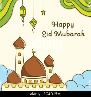 Biglietto d'auguri per la celebrazione di Eid mubarak con decorazioni moschee e lanterne. Disegno in stile doodle illustrazione vettoriale Illustrazione Vettoriale