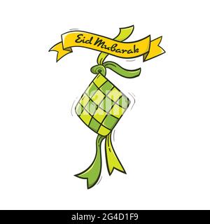 Ketupat (gnocchi di riso) di cibo tradizionale con nastro per la celebrazione di Eid Mubarak. Disegno di illustrazione di stile del doodle Illustrazione Vettoriale