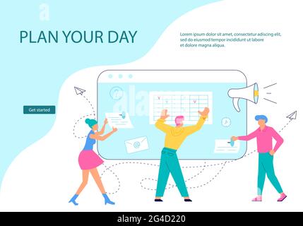 Modello di pagina Web di destinazione di Agenda, organizzazione aziendale e gestione del tempo. La gente piccola fa un programma in linea nel calendario enorme. Vettore di disegno piatto Illustrazione Vettoriale