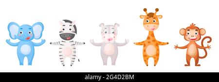 Set di animali da safari in stile cartone animato. Carino animali caratteri per i biglietti dei bambini, acquazzone del bambino, invito di compleanno, interno della casa. Bambino dai colori vivaci Illustrazione Vettoriale