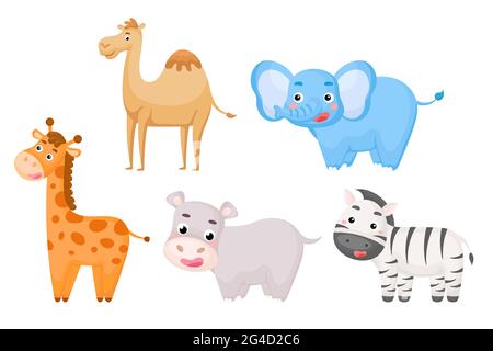 Set di animali africani in stile cartoon. Carino animali caratteri per i biglietti dei bambini, acquazzone del bambino, invito di compleanno, interno della casa. Luminosità colorata Illustrazione Vettoriale