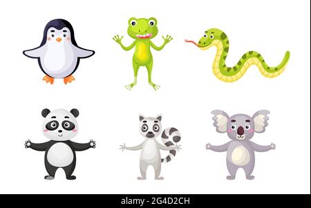 Set di animali in stile cartoon. Carino animali caratteri per i biglietti dei bambini, acquazzone del bambino, invito di compleanno, interno della casa. Vec. Infantile di colore luminoso Illustrazione Vettoriale