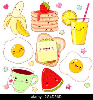 Ora della colazione. Set di icone di cibo carino in stile kawaii per un design dolce. Banana, caffè, tè, succo d'arancia, pancake, sandwich di formaggi e verdure, p. Illustrazione Vettoriale