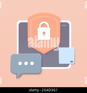 schermo di protezione con lucchetto sul computer che chattano app concetto di protezione della privacy Illustrazione Vettoriale