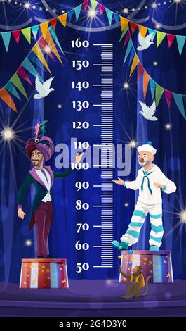 Tabella altezza bambini, circo shapito. Metro di misura della crescita con cartoon grande tenda arena superiore con artisti ape juggler, pagliaio e mago. Vettore wa Illustrazione Vettoriale