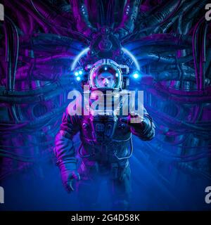 Tomba dell'astronauta della macchina / illustrazione 3D dell'astronauta futuristico fantascienza esplorando l'interno della nave spaziale aliena con luce al neon che forma ha Foto Stock