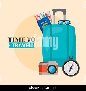 tempo di viaggio con valigia e icone Illustrazione Vettoriale